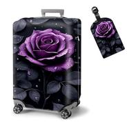 ETLKJVBL Elastic Suitcase Covers for Luggage - Washable Waterproof Dustproof Luggage Cover with Adjustable Straps & Cute Baggage Tag-18, Purple Rose with Dew, M - Fits 22 - 24 Inch, Art Deco