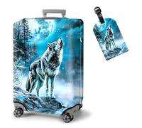 ETLKJVBL Elastic Suitcase Covers for Luggage - Washable Waterproof Dustproof Luggage Cover with Adjustable Straps & Cute Baggage Tag-14, Wolf Howling at the Moon, S - Fits 18 - 21 Inch, Art Deco