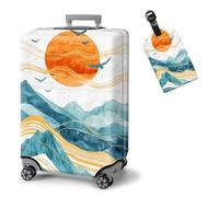 ETLKJVBL Elastic Suitcase Covers for Luggage - Washable Waterproof Dustproof Luggage Cover with Adjustable Straps & Cute Baggage Tag-4, Mountains Sun and Birds, L - Fits 25 - 28 Inch, Art Deco