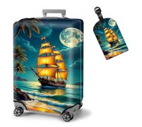 ETLKJVBL Elastic Suitcase Covers for Luggage - Washable Waterproof Dustproof Luggage Cover with Adjustable Straps & Cute Baggage Tag-22, Sailing Ship by Moonlit Beach, S - Fits 18 - 21 Inch, Art Deco