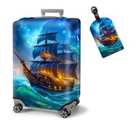ETLKJVBL Elastic Suitcase Covers for Luggage - Washable Waterproof Dustproof Luggage Cover with Adjustable Straps & Cute Baggage Tag-18, Magical Pirate Ship, L - Fits 25 - 28 Inch, Art Deco