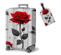 ETLKJVBL Elastic Suitcase Covers for Luggage - Washable Waterproof Dustproof Luggage Cover with Adjustable Straps & Cute Baggage Tag-20, Red Rose on White Wood, XL - Fits 29 - 32 Inch, Art Deco
