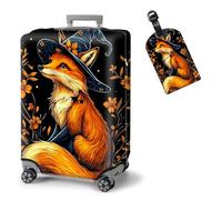 ETLKJVBL Elastic Suitcase Covers for Luggage - Washable Waterproof Dustproof Luggage Cover with Adjustable Straps & Cute Baggage Tag-12, Cute Fox Wear Witch Hat Flowers, M - Fits 22 - 24 Inch, Art