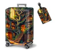ETLKJVBL Elastic Suitcase Covers for Luggage - Washable Waterproof Dustproof Luggage Cover with Adjustable Straps & Cute Baggage Tag-22, Enchanted Tree Library Mansion, L - Fits 25 - 28 Inch, Art Deco