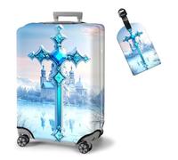 ETLKJVBL Elastic Suitcase Covers for Luggage, Washable, Waterproof, Dustproof, with Adjustable Straps and Cute Luggage Tag, 13, Cross with blue gemstone on top, M - Fits 22 - 24 Inch, Art Deco