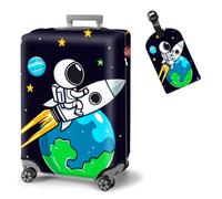 ETLKJVBL Elastic Suitcase Covers for Luggage, Washable, Waterproof, Dustproof, with Adjustable Straps and Cute Luggage Tag, 15, Cartoon Astronaut Rocket Fly, M - Fits 22 - 24 Inch, Cartoon astronaut
