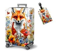 ETLKJVBL - Elastic Suitcase Covers - Washable Waterproof Dustproof Luggage Cover with Adjustable Straps and Cute Luggage Tag,15, Fox surrounded by flowers, L - Fits 25 - 28 Inch, Art Deco