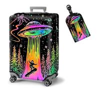 ETLKJVBL - Elastic Suitcase Covers - Washable Waterproof Dustproof Luggage Cover with Adjustable Straps and Cute Luggage Tag,12, Colorful an alien spaceship, L - Fits 25 - 28 Inch, Art Deco