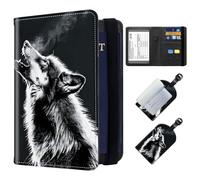 ETLKJVBL Exquisite Passport Holder for Travel Accessory, Leather Passport Cover with Space for Documents and Family Photos, Travel Passport Wallet for Women and Men Pattern Design, Wolf Howling, Art