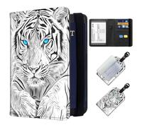 ETLKJVBL Exquisite Passport Holder for Travel, RFID Blocking Sleeves, Leather Passport Holder with Luggage Tags, Travel Passport Wallet for Women and Men-26, White Tiger with Blue Eyes, Art Deco