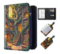 ETLKJVBL Exquisite Passport Holder for Travel, RFID Blocking Sleeves, Leather Passport Holder with Luggage Tags, Travel Passport Wallet for Women and Men-35, Enchanted Tree Library Mansion, Art Deco