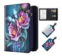 ETLKJVBL Exquisite Passport Holder for Travel, RFID Blocking Sleeves, Leather Passport Holder with Luggage Tags, Travel Passport Wallet for Women and Men-17, Colorful Roses Butterfly, Art Deco