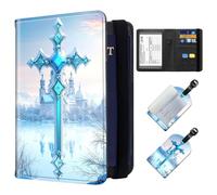 ETLKJVBL Exquisite Passport Holder for Travel, RFID Blocking Sleeves, Leather Passport Holder with Luggage Tags, Travel Passport Wallet for Women and Men-27, Cross with Blue Gem on Top, Art Deco