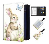 ETLKJVBL Exquisite Passport Holder for Travel, RFID Blocking Sleeves, Leather Passport Holder with Luggage Tags, Travel Passport Wallet for Women and Men-28, Rabbit Butterfly Floral Glade, Art Deco