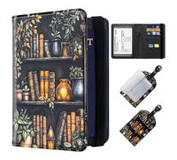 ETLKJVBL Exquisite Passport Holder for Travel, RFID Blocking Sleeves, Leather Passport Holder with Luggage Tags, Travel Passport Wallet for Women Men-12, Shelf full of books, Art Deco