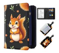 ETLKJVBL Exquisite Passport Holder for Travel, RFID Blocking Sleeves, Leather Passport Holder with Luggage Tags, Travel Passport Wallet for Women and Men-31, Cute Orange Squirrel on Black, Art Deco