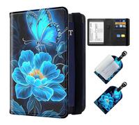 ETLKJVBL Exquisite Passport Holder for Travel, RFID Blocking Sleeves, Leather Passport Holder with Luggage Tag, Passport Holder for Men and Women, 15, Blue butterfly flower, Art Deco