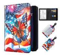 ETLKJVBL Exquisite Passport Holder for Travel, RFID Blocking Sleeves, Leather Passport Holder with Luggage Tag, Passport Holder for Men and Women, 12, American Flag Butterfly, Art Deco