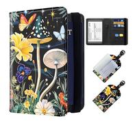 ETLKJVBL Exquisite Passport Holder for Travel, RFID Blocking Sleeves, Leather Passport Holder with Luggage Tags, Travel Passport Wallet for Women Men-23, Mushroom Butterfly Flower, Art Deco