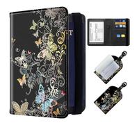 ETLKJVBL Exquisite Passport Holder for Travel, RFID Blocking Sleeves, Leather Passport Holder with Luggage Tags, Travel Passport Wallet for Women and Men-14, Golden Butterfly, Art Deco
