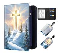 ETLKJVBL Exquisite Passport Holder for Travel, RFID Blocking Sleeves, Leather Passport Holder with Luggage Tags, Travel Passport Wallet for Women and Men-26, Cross Shining Brightly in Sky, Art Deco