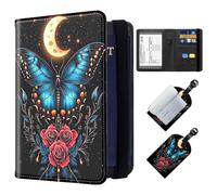 ETLKJVBL Exquisite Passport Holder for Travel, RFID Blocking Sleeves, Leather Passport Holder with Luggage Tag, Passport Holder for Men and Women, 23, Blue Butterfly Roses, Art Deco