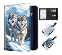 ETLKJVBL Exquisite Passport Holder for Travel, RFID Blocking Sleeves, Leather Passport Holder with Luggage Tags, Travel Passport Wallet for Women and Men-33, Two Wolves in Snowy Mountains, Art Deco