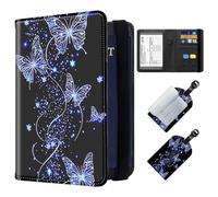 ETLKJVBL Exquisite Passport Holder for Travel, RFID Blocking Sleeves, Leather Passport Holder with Luggage Tag, Passport Holder for Men and Women, 25, Bright Blue Butterfly, Art Deco