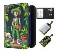 ETLKJVBL Exquisite Passport Holder for Travel, RFID Blocking Sleeves, Leather Passport Holder with Luggage Tags, Travel Passport Wallet for Women and Men-32, Skeleton in Green Outfit by Jungle, Art
