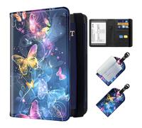 ETLKJVBL Exquisite Passport Holder for Travel, RFID Blocking Sleeves, Leather Passport Holder with Luggage Tags, Travel Passport Wallet for Women and Men-11, Colorful Butterfly Are Fly, Art Deco