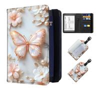ETLKJVBL Exquisite Passport Holder for Travel, RFID Blocking Sleeves, Leather Passport Holder with Luggage Tags, Travel Passport Wallet for Women and Men-31, Butterfly with Pearls and Flowers, Art