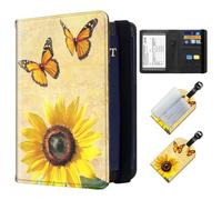 ETLKJVBL Exquisite Passport Holder for Travel, RFID Blocking Sleeves, Leather Passport Holder with Luggage Tags, Travel Passport Wallet for Women Men-18, Butterfly Sunflower, Art Deco