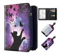 ETLKJVBL Exquisite Passport Holder for Travel, RFID Blocking Sleeves, Leather Passport Holder with Luggage Tag, Passport Holder for Men and Women, 24, Cat butterfly, Art Deco