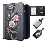 ETLKJVBL Exquisite Passport Holder for Travel, RFID Blocking Sleeves, Leather Passport Holder with Luggage Tags, Travel Passport Wallet for Women and Men-24, Black Snake Roses, Art Deco