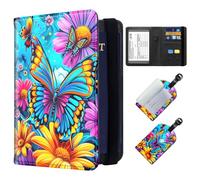 ETLKJVBL Exquisite Passport Holder for Travel, RFID Blocking Sleeves, Leather Passport Holder with Luggage Tag, Passport Holder for Men and Women, 17, Colourful butterfly flowers, Art Deco
