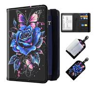 ETLKJVBL Exquisite Passport Holder for Travel, RFID Blocking Sleeves, Leather Passport Holder with Luggage Tags, Travel Passport Wallet for Women and Men-16, Blue Rose Butterfly, Art Deco