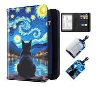 ETLKJVBL Exquisite Passport Holder for Travel, RFID Blocking Sleeves, Leather Passport Holder with Luggage Tags, Travel Passport Wallet for Women and Men-32, Black Cat Under Starry Night Sky, Art Deco