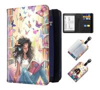 ETLKJVBL Exquisite Passport Holder for Travel, RFID Blocking Sleeves, Leather Passport Holder with Luggage Tags, Travel Passport Wallet for Women and Men-16, Butterfly Girl Reading, Art Deco