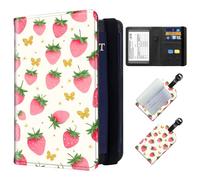ETLKJVBL Exquisite Passport Holder for Travel, RFID Blocking Sleeves, Leather Passport Holder with Luggage Tags, Travel Passport Wallet for Women and Men-32, Pink Strawberry with Gold Butterfly, Art