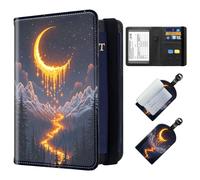 ETLKJVBL Exquisite Passport Holder for Travel, RFID Blocking Sleeves, Leather Passport Holder with Luggage Tags, Travel Passport Wallet for Women and Men-27, Moon Shining Brightly in Sky, Art Deco