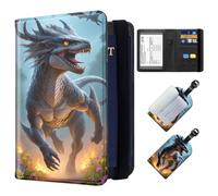 ETLKJVBL Exquisite Passport Holder for Travel, RFID Blocking Sleeves, Leather Passport Holder with Luggage Tags, Travel Passport Wallet for Women and Men-35, Roaring Dragon in Fiery Flower, Art Deco