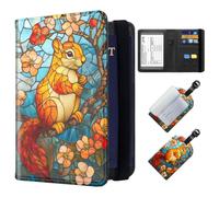 ETLKJVBL Exquisite Passport Holder for Travel, RFID Blocking Sleeves, Leather Passport Holder with Luggage Tags, Travel Passport Wallet for Women and Men-44, Stained Glass Red Squirrel, Art Deco