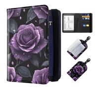 ETLKJVBL Exquisite Passport Holder for Travel, RFID Blocking Sleeves, Leather Passport Holder with Luggage Tags, Travel Passport Wallet for Women and Men-32, Purple Roses with Dew Drops, Art Deco