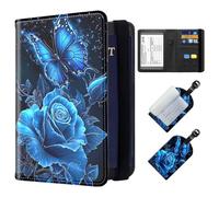 ETLKJVBL Exquisite Passport Holder for Travel, RFID Blocking Sleeves, Leather Passport Holder with Luggage Tag, Passport Holder for Men and Women, 24, Blue Roses Glow Butterfly, Art Deco