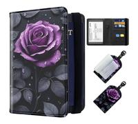 ETLKJVBL Exquisite Passport Holder for Travel, RFID Blocking Sleeves, Leather Passport Holder with Luggage Tags, Travel Passport Wallet for Women and Men-31, Purple Rose with Dew, Art Deco
