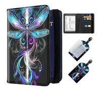 ETLKJVBL Exquisite Passport Holder for Travel, RFID Blocking Sleeves, Leather Passport Holder with Luggage Tags, Travel Passport Wallet for Women and Men-28, Dragonfly in Blue Purple Shades, Art Deco