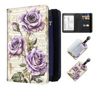 ETLKJVBL Exquisite Passport Holder for Travel, RFID Blocking Sleeves, Leather Passport Holder with Luggage Tag, Passport Holder for Men and Women, 28, Watercolour paint with purple roses, Art Deco