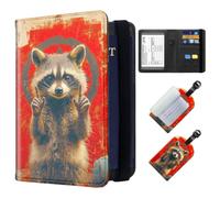 ETLKJVBL Exquisite Passport Holder for Travel, RFID Blocking Sleeves, Leather Passport Holder with Luggage Tags, Travel Passport Wallet for Women and Men-36, Funny Raccoon Art Print, Art Deco