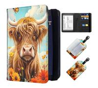 ETLKJVBL Exquisite Passport Holder for Travel, RFID Blocking Sleeves, Leather Passport Holder with Luggage Tags, Travel Passport Wallet for Women Men-26, Highland cow flowers butterfly, Art Deco