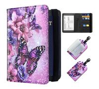 ETLKJVBL Exquisite Passport Holder for Travel, RFID Blocking Sleeves, Leather Passport Holder with Luggage Tags, Travel Passport Wallet for Women and Men, Pink Butterfly Flower, Art Deco